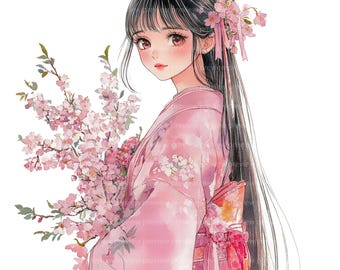 12 Kimono Girl Clipart | Cherry Blossom Watercolor Portrait Art