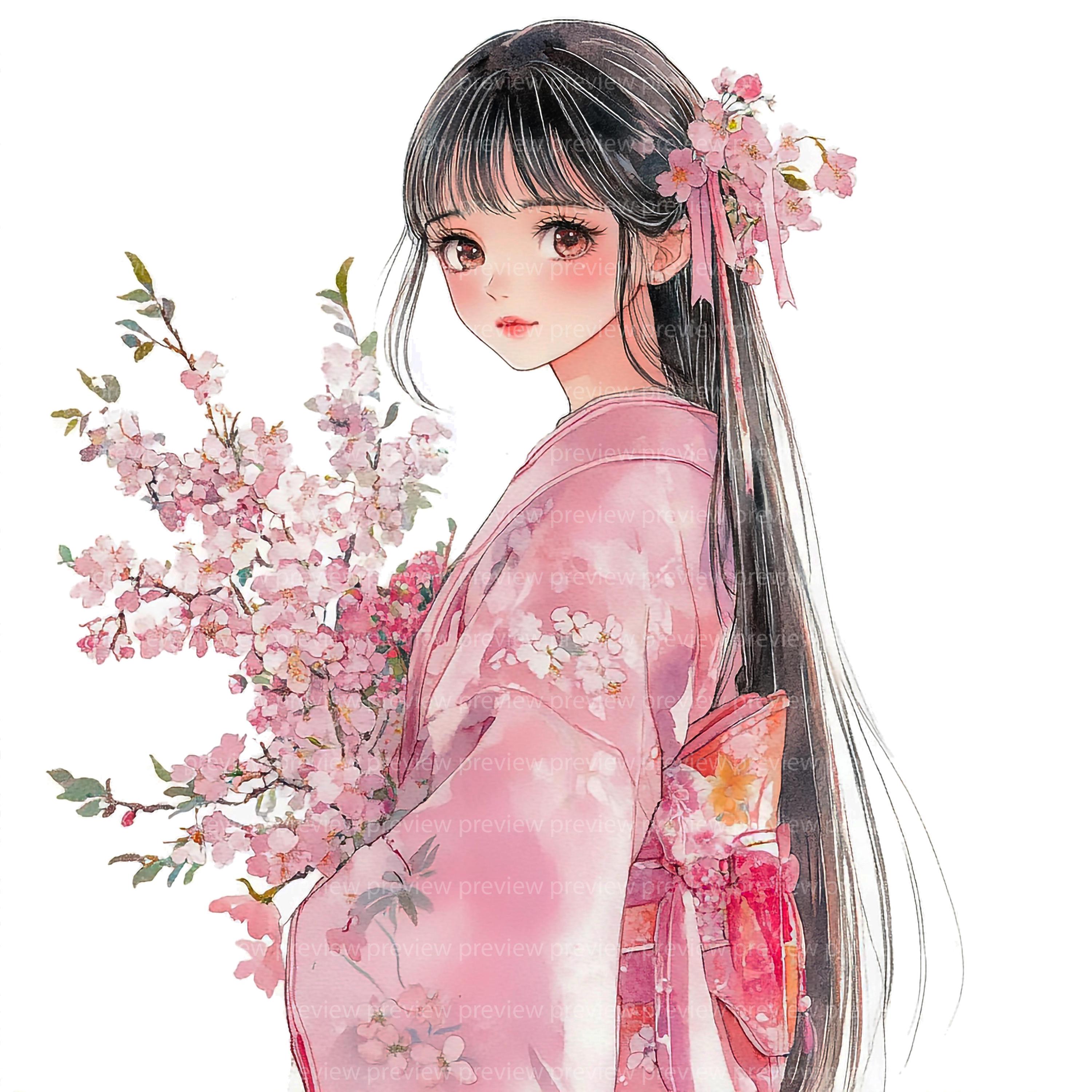 12 Kimono Girl Clipart | Cherry Blossom Watercolor Portrait Art