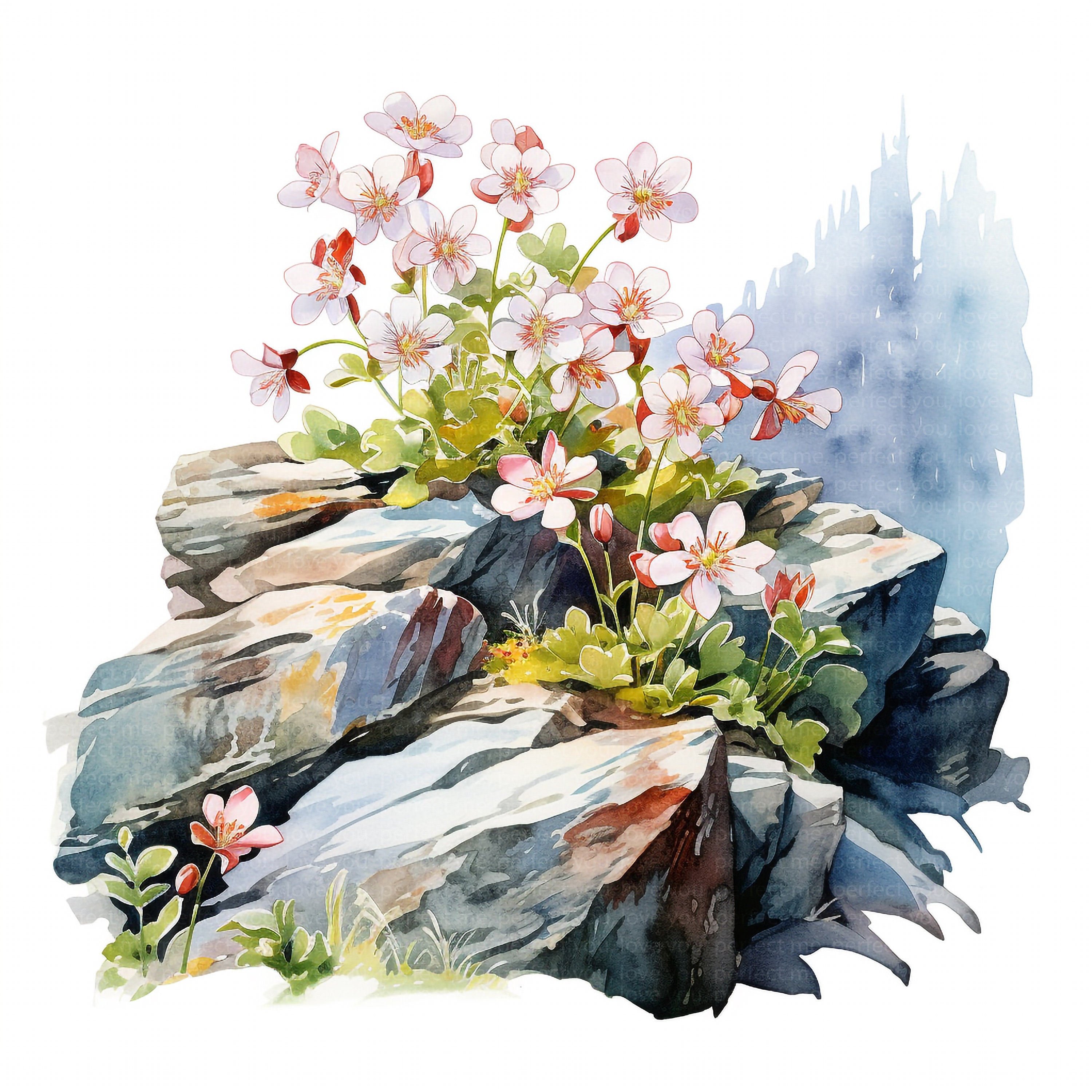 12 Alpine Flower Clipart | Pink Saxifrage Watercolor Botanical Art