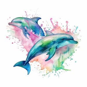 Clipart di delfini giocosi / Arte animale di delfini ad acquerello / 12 JPG ad alta risoluzione per pianificatore digitale, album di ritagli e arte murale