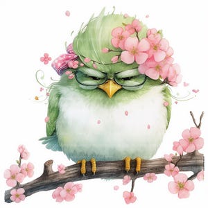 Puede incluir: Ilustración en acuarela de un pájaro verde gruñón con gafas y una corona floral de flores rosas. El pájaro está posado en una rama con flores rosas, sobre un fondo blanco. Un lazo rosa está en la cabeza del pájaro.