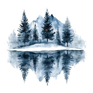 May include: Watercolor painting of a serene winter landscape. The artwork features dark blue evergreen trees, a mountain range, and their reflection in a body of water. The image has a soft, ethereal quality.