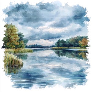 12 Ilustrações em Aquarela de Paisagens Rurais com Lago, Céu Nublado e Águas Tranquilas (JPGs, Download Digital, Uso Comercial)