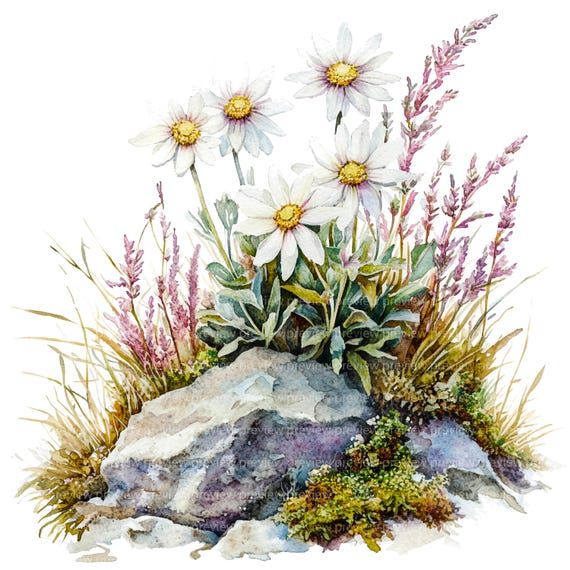エーデルワイス クリップアート 12 枚 | 山の花の水彩画 | 高山植物の