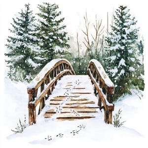 Op de afbeelding: Waterverfschilderij van een met sneeuw bedekte houten brug in een winterbos. De brug heeft een gebogen ontwerp met voetstappen in de sneeuw. Groenblijvende bomen omlijsten de brug, tegen een zachte, besneeuwde achtergrond.
