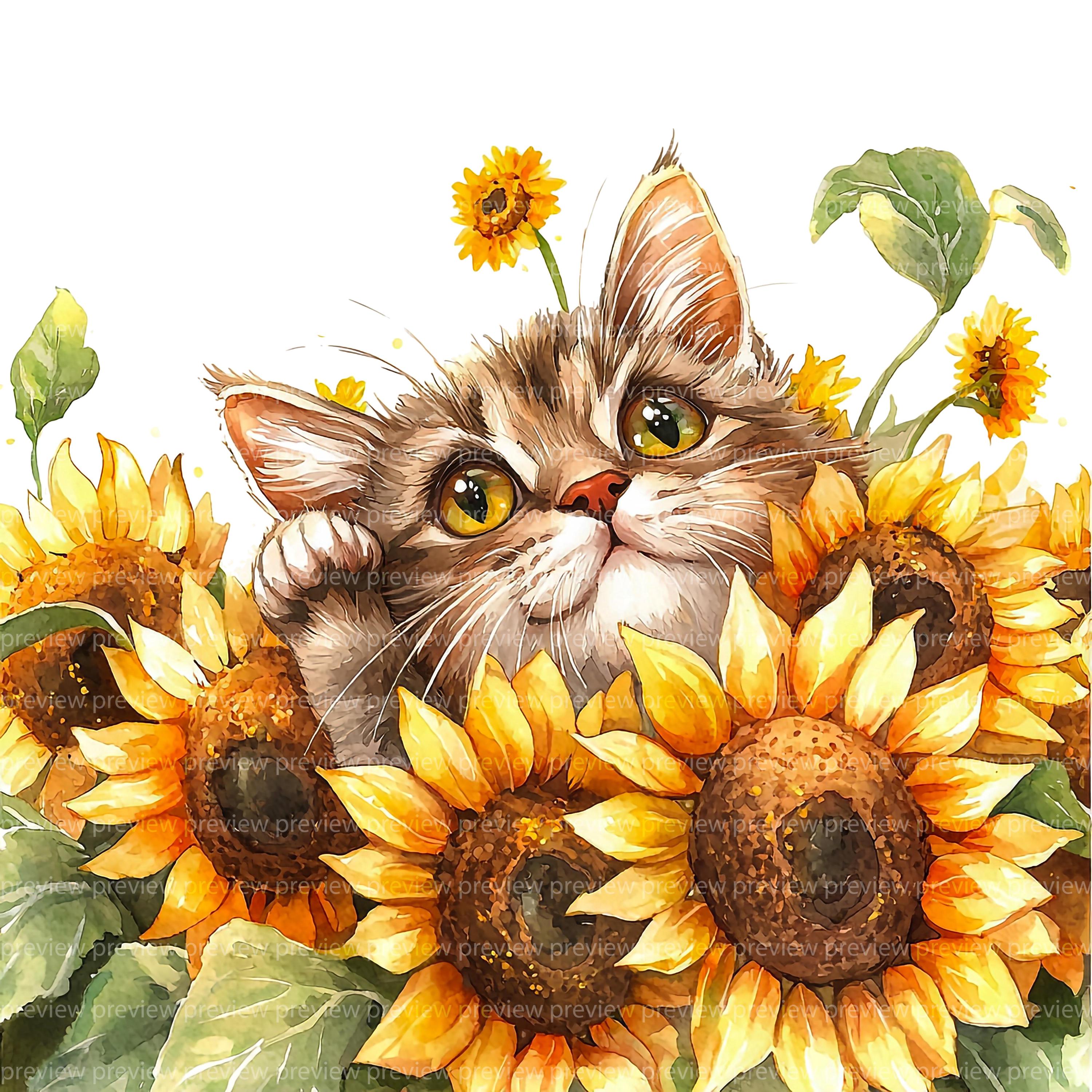 ひまわり猫のクリップアート12点セット｜花柄水彩画風の子猫