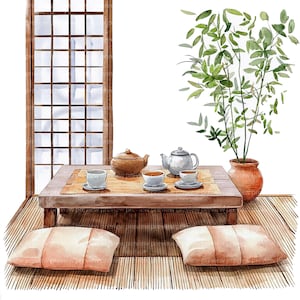 Könnte beinhalten: Aquarellillustration einer japanischen Teezeremonie. Ein niedriger Holztisch trägt eine braune Teekanne, eine silberne Teekanne und drei Teetassen mit Untertassen. Zwei Kissen liegen auf dem Bambusmattenboden. Eine Pflanze in einem Terrakottatopf befindet sich rechts.