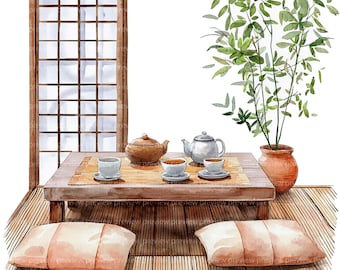 12 Japanese House Clipart | Traditional Interior Watercolor Art