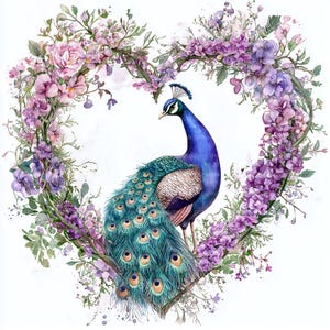 12 cliparts paon floral, fleurs en forme de coeur, élégant clipart aquarelle paon pour scrapbooking | Fichiers JPG de haute qualité | Téléchargement numérique