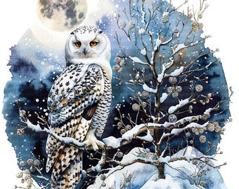 Snow Owl Winter Clipart: Watercolor Winter Scene (JPGs, Digital Download, Commercial Use)