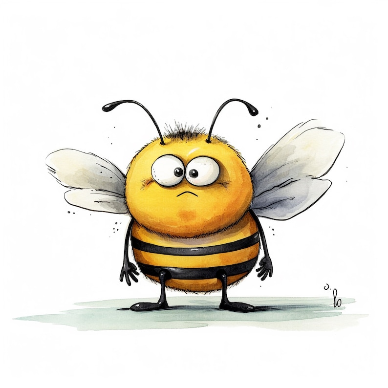 Puede incluir: Una abeja de dibujos animados con ojos grandes y redondos y una expresi&oacute;n preocupada. La abeja es amarilla con rayas negras y tiene alas grandes y transl&uacute;cidas.