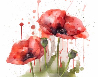 May include: Watercolor painting of red poppies with green stems and leaves. The flowers are painted with a loose, expressive style, and the background is a soft, watercolor wash.