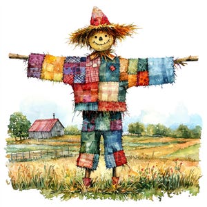 Watercolor Autumn Scarecrow Clipart: Fall Scrapbooking, DIY Crafts (12 JPGs, Digital Download, Commercial Use)