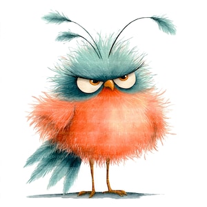 12 Grumpy Bird Clipart | Character Watercolor Avian Art | Unique Expression Bird Illustration JPG