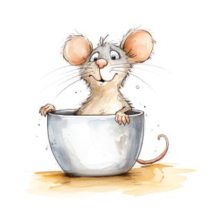 May include: A cartoon mouse with big ears and a gray body sits inside a white ceramic mug. The mouse is looking up with a curious expression.