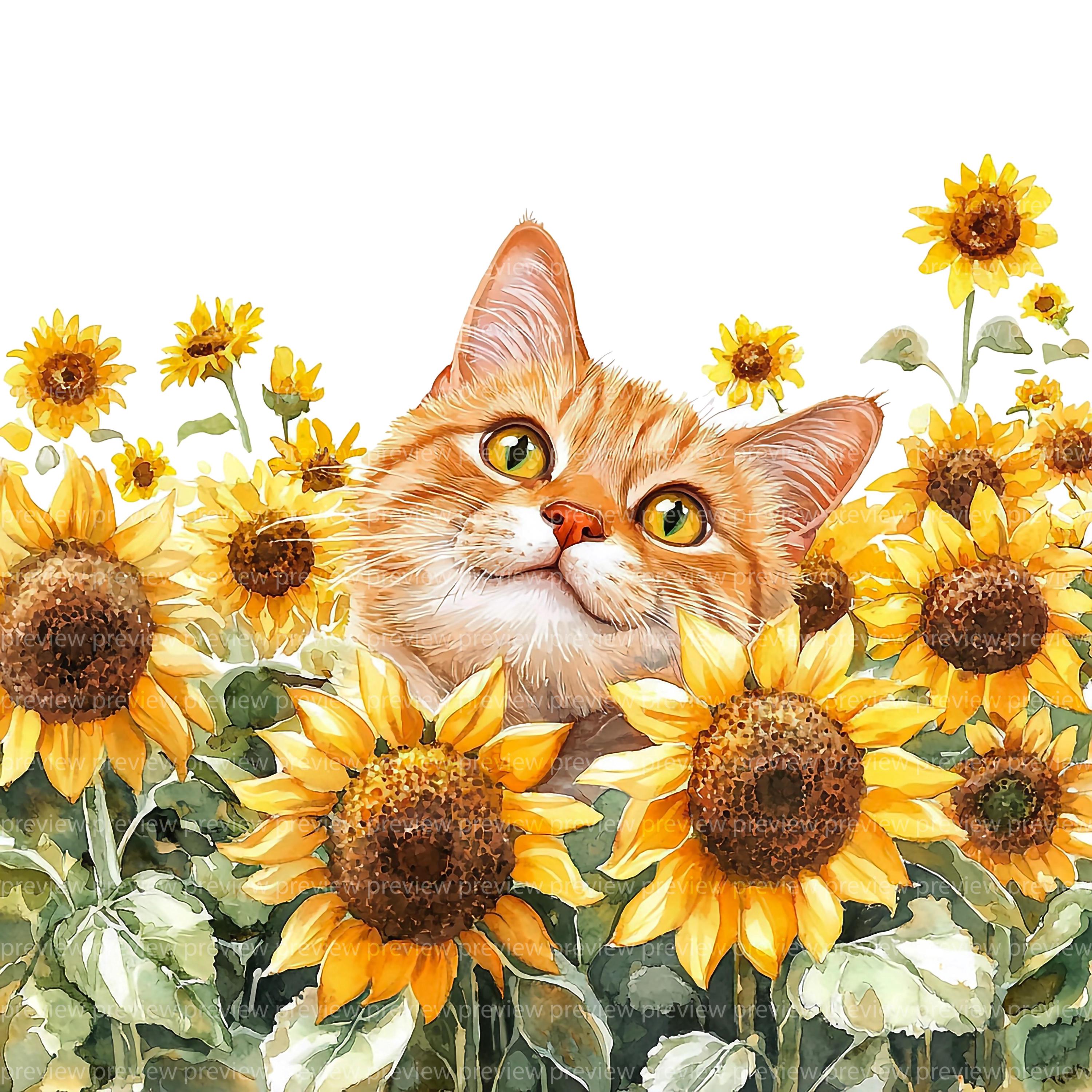 ひまわり猫のクリップアート12点セット｜花柄水彩画風の子猫