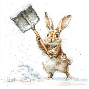May include: Watercolor illustration of a brown rabbit shoveling snow. The rabbit is holding a shovel with a wooden handle and a metal blade. Snow covers the rabbit's fur and the ground. The artwork has a whimsical, winter theme.