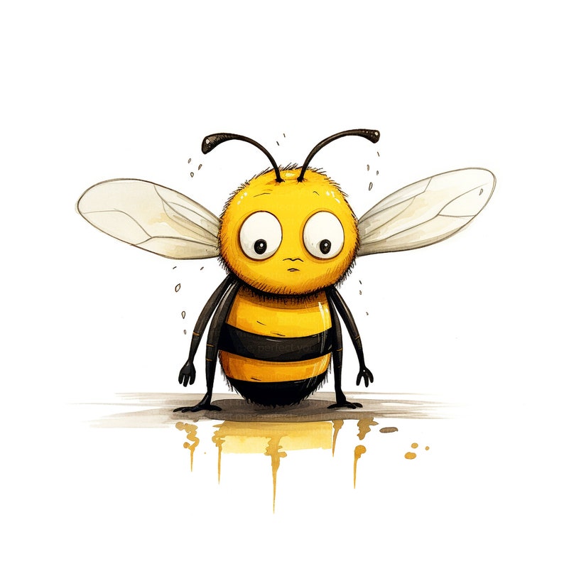 Puede incluir: Una abeja de dibujos animados con rayas negras y amarillas est&aacute; de pie sobre un charco amarillo. La abeja tiene ojos grandes y redondos y una expresi&oacute;n preocupada.