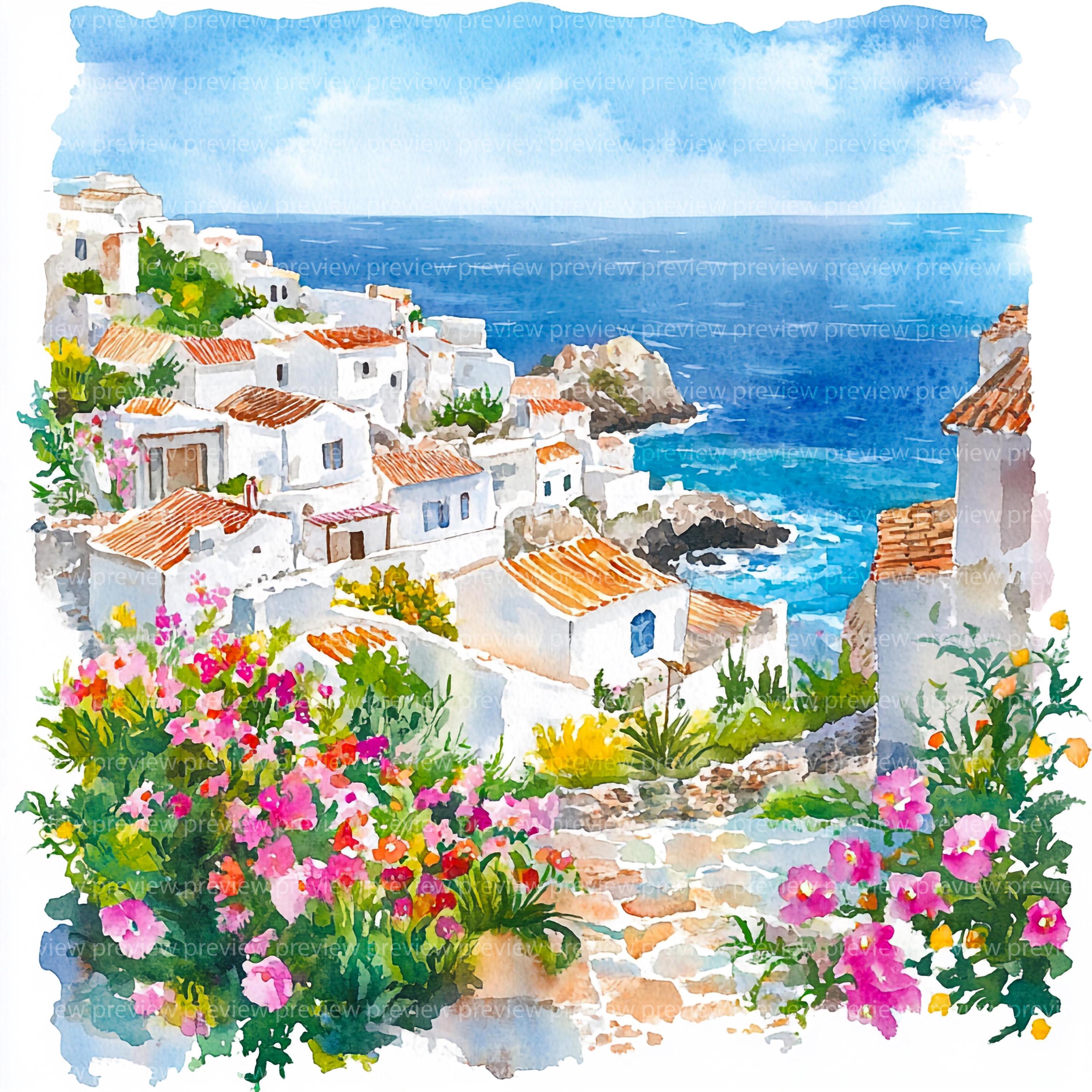14 サントリーニ島 ギリシャ クリップアート | 地中海旅行 水彩画