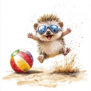 12 Playful Hedgehog Clipart, Hedgehog on the Beach Ball Watercolor Clipart for Scrapbooking & Journal | High-Quality JPGs | Digital Download