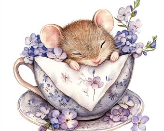 12 Mouse in Teacup Clipart | Floral Watercolor (JPGs, Commercial Use)