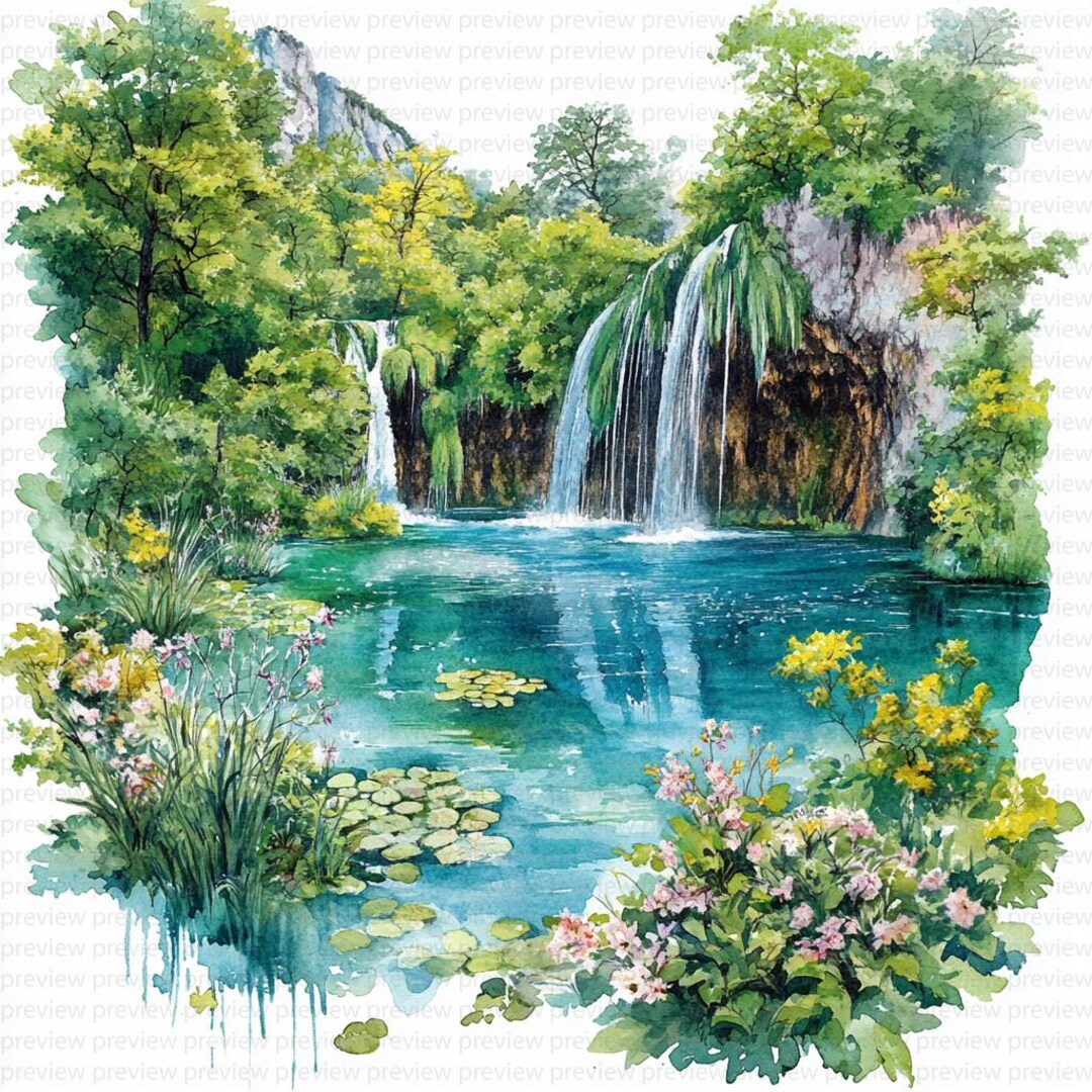 水彩画の滝のクリップアート：春の風景（JPG 12 枚、デジタル