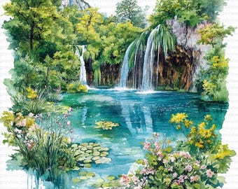 水彩画の滝のクリップアート：春の風景（JPG 12 枚、デジタル