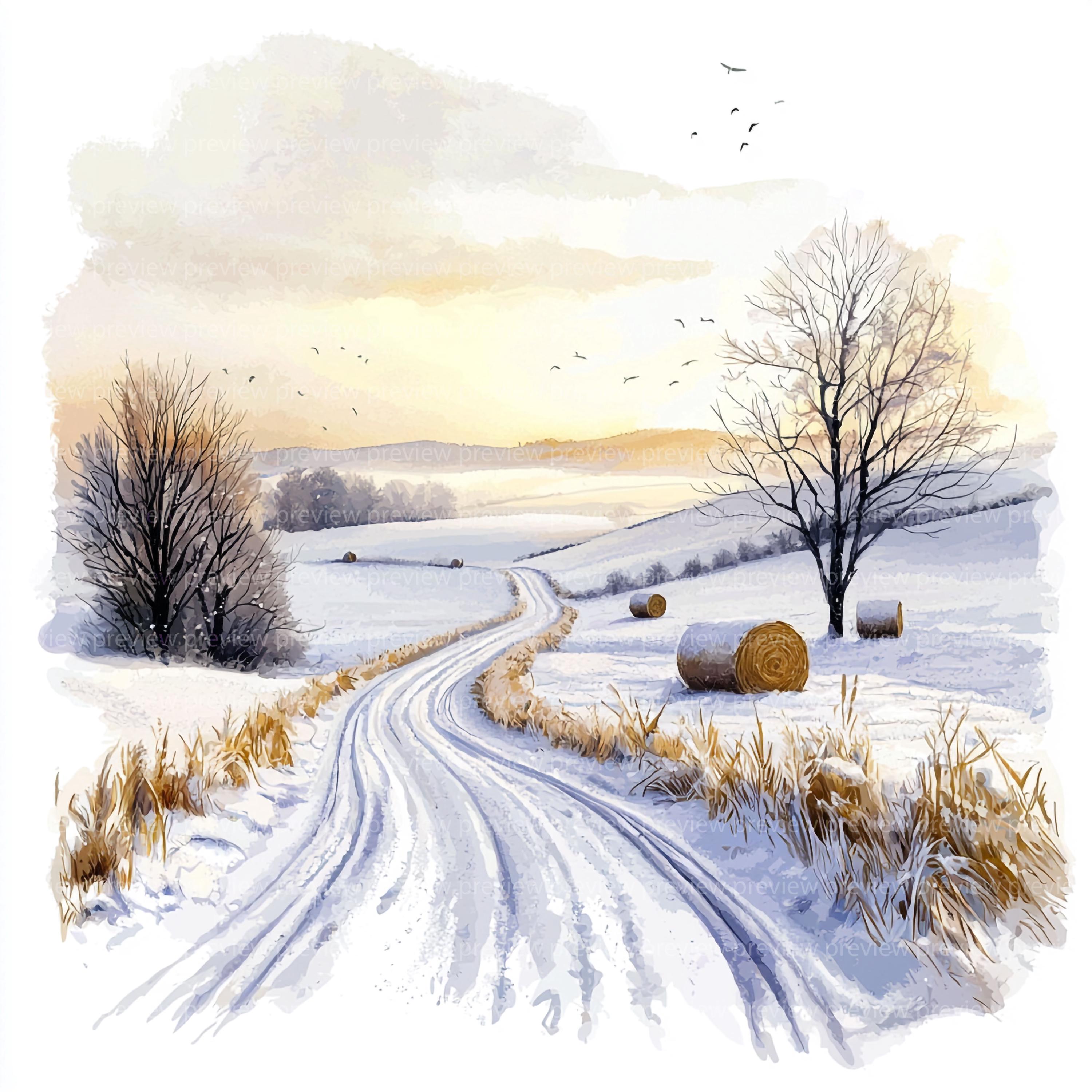 12 Watercolor Winter Road Clipart | Snowy Landscape Illustrations (jpgs ...