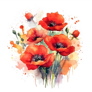 Red Poppy Clipart | Watercolor Poppy Flowers | 12 High-Resolution JPGs for Digital Planner, Junk Journal & Card Design