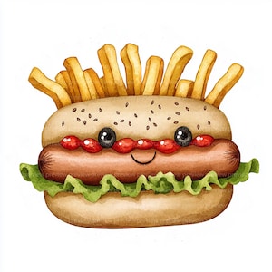 12 Kawaii Fast Food Clipart,  Cute Fast Food, Watercolor Fast Food Clipart for Scrapbooking | High-Quality JPGs | Digital Download