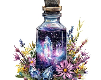 12 Clipart di fiale di vetro galattiche / Arte di pozione magica ad acquerello / Illustrazione di bottiglia di fantasia celeste JPG