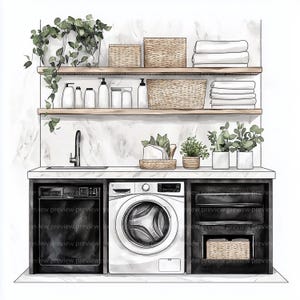 12 Minimalist Laundry Room Clipart, Washing Machine, Laundry day, Watercolor Home Interior Clipart | High-Quality JPGs | Digital Download
