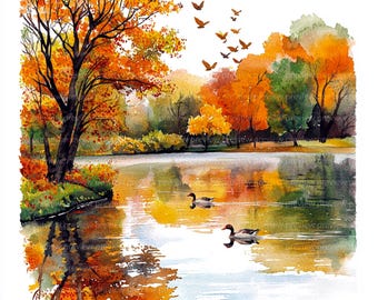 6枚の水彩画風の秋の風景イラスト、季節の工芸品や装飾に最適な秋の
