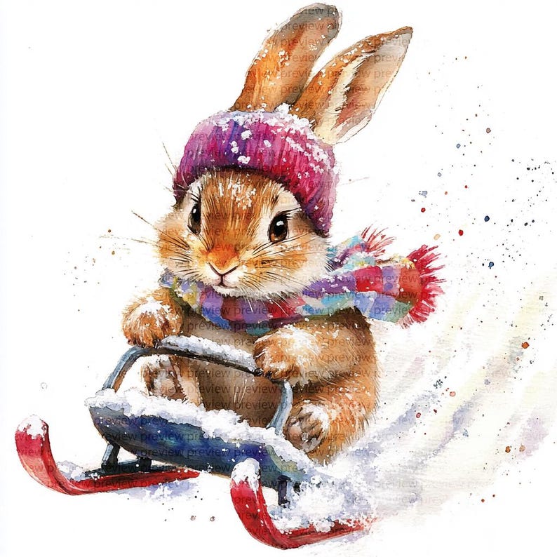 Watercolor Hare Sledding on Snow Clipart 14 High Resolution Jpgs for ...