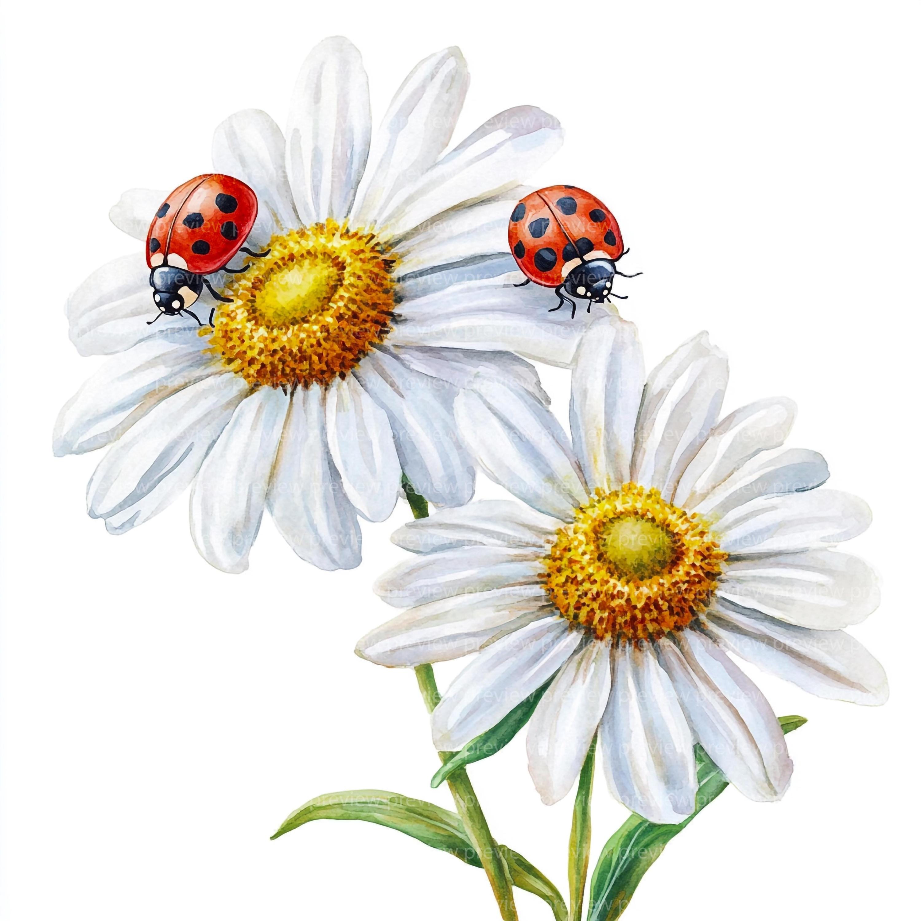 17 Daisies Ladybug Clipart | Watercolor Spring Floral Art | Botanical ...