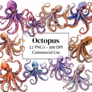 12 Octopus Clipart | Watercolor Octopus | High Quality PNGs for Animal Wall Art, Digital Planner, Paper Craft | Digital Download