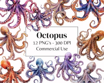 12 Octopus Clipart | Watercolor Octopus | High Quality PNGs for Animal Wall Art, Digital Planner, Paper Craft | Digital Download