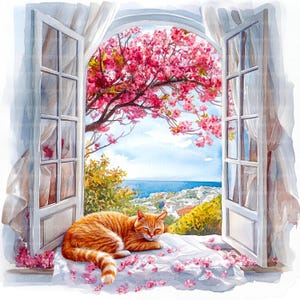 Pode incluir: Pintura em aquarela de uma janela aberta com vista para uma cidade costeira e o oceano. Um gato ruivo descansa sobre uma superfície branca, rodeado por flores rosas. Uma árvore florida emoldura a vista, com cortinas brancas e moldura da janela.