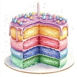 12 Rainbow Cake Clipart, Birthday Cake, Watercolor Cake Clipart for Scrapbooking & Journals | High-Quality JPGs | Digital Download