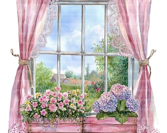 14 窓の草原の景色のクリップアート、花の風景のある窓、印刷可能な