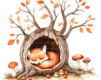 12 imágenes prediseñadas de animales otoñales en acuarela / Arte de la vida silvestre del bosque otoñal / Ilustración de artesanía estacional del bosque JPG