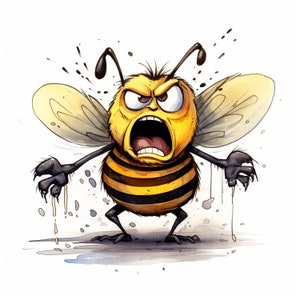 Puede incluir: Una abeja de dibujos animados con un cuerpo rayado amarillo y negro se muestra con una expresi&oacute;n de enojo. La abeja tiene la boca abierta y est&aacute; gritando. La abeja tiene un par de alas negras y est&aacute; de pie sobre una superficie gris con salpicaduras amarillas y azules.