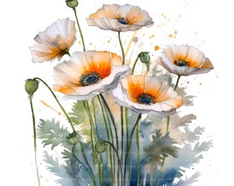 12 White Poppy Clipart | Watercolor Flower Bouquet Art | Floral Arrangement Illustration