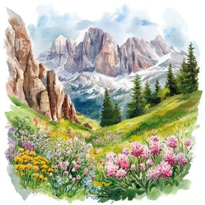 12 Blooming Meadow Clipart | Spring Landscape Watercolor Art | Wildflower Field Nature Illustration JPG
