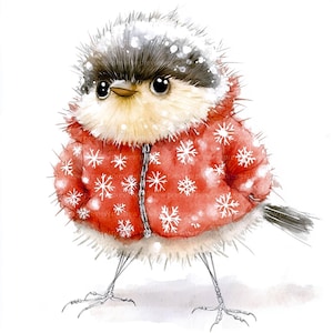 Puede incluir: Ilustración en acuarela de un pequeño pájaro que lleva una chaqueta roja con patrones de copos de nieve blancos. El pájaro tiene la cabeza negra y blanca, el pecho beige y está cubierto de nieve. La chaqueta está cerrada con una cremallera plateada.
