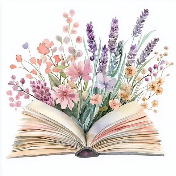 12 Whimsical Floral Book Clipart | Watercolor Flowers | Vintage Style (JPGs, Digital Download)