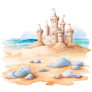 Beach Scene Clipart, Beach Day Clipart, Sand Clipart, Ocean Clipart, Watercolor Beach Clipart | High-Quality JPGs | Digital Download