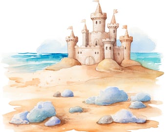 12 Beach Castle Clipart | Watercolor Ocean Landscape | Seaside Sand Art  (JPGs, Commercial Use)