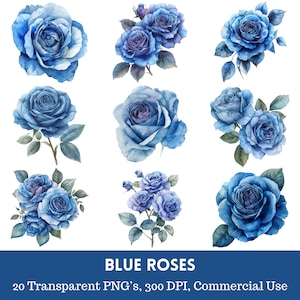 Blue Roses Clipart | Watercolor Blue Roses | 20 High-Res PNGs for Digital Stickers, Floral Wall Art | Commercial Use