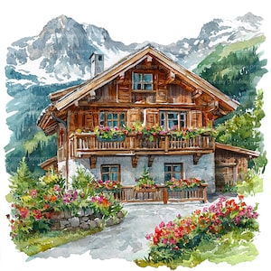 12 imagens de chalés | Arte em aquarela de arquitetura alpina | Ilustração de casa de montanha em JPG